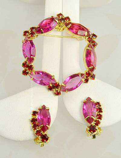 Spectacular Vintage Pink and Red Rhinestone Brooch and Earring Set