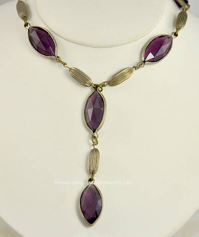 Vintage Unsigned Art Deco Era Necklace with Lavender Glass Insets
