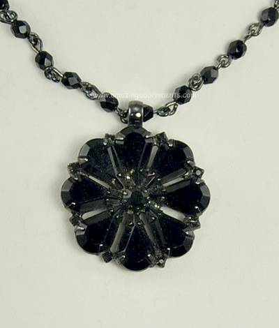 Posh Black Swarovski Crystal Flower Pendant Necklace Signed ROBERTA CHIARELLA
