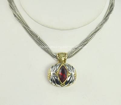 Solid Mixed Metal Etruscan Style Pendant Necklace with Red Glass Stone