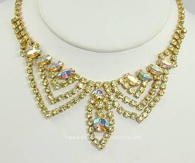 Glamorous Vintage Jonquil and Pastel Aurora Borealis Rhinestone Necklace