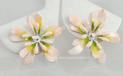 Summery Vintage Pink and Green Enamel Floral Earrings