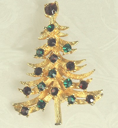 Vintage Christmas Tree Pin Signed MYLU with Red and Green Rhinestone Ornaments