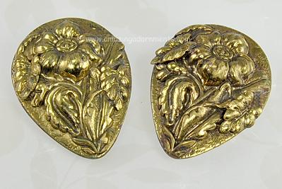 Large Vintage Brass Clips with Applied Floral Motif