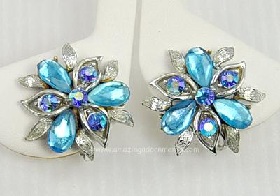 Vintage Signed CORO Shades of Blue Rhinestone and Glass Floral Earrings