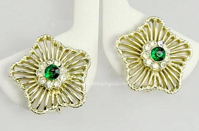 Pretty Open Work Floral Earrings with Rhinestones Signed CORO