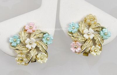 Pretty Vintage Multi- colored Plastic Flower and Leaf Earrings