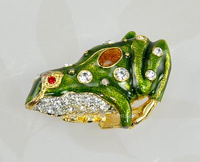 Delightful Green Enamel Frog Figural on Rhinestone Lily Pad Pin