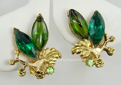 Divine Unsigned Shades of Green Rhinestone Earrings with Flowers and Leaves