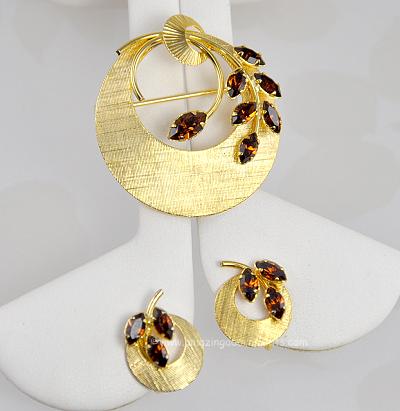 Delicate Vintage Gold Filled Brooch and Earring Set with Amber Rhinestones Signed STAR ART