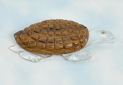 Colossal Vintage Wood and Clear Lucite Turtle Figural Brooch
