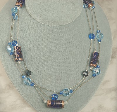 Fantastic Blue Crystal and Art Glass Multi-Strand Necklace