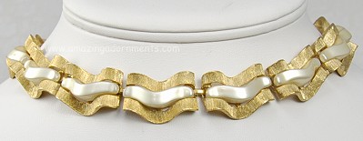 Graceful Signed TRIFARI Brushed Gold- tone Necklace with Pearly Finished Insets