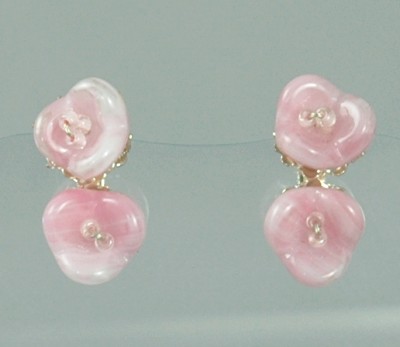 MIRIAM HASKELL Pink Pressed Glass Floral Clip/Screw- back Earrings