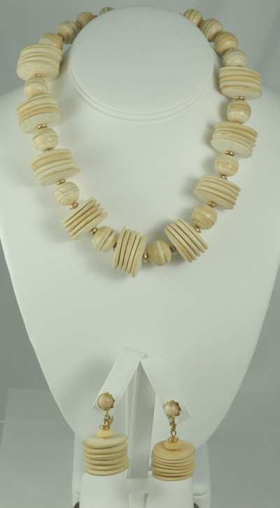 Audacious Wood and Cork Necklace and Earring Set Signed MIRIAM HASKELL