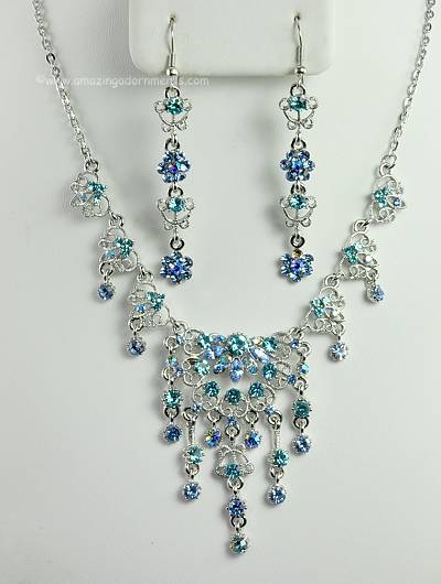 Drippy Shades of Blue Crystal Necklace and Earring Set