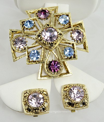 Significant Vintage Maltese Cross Brooch and Earring Set with Rhinestones Signed LISNER