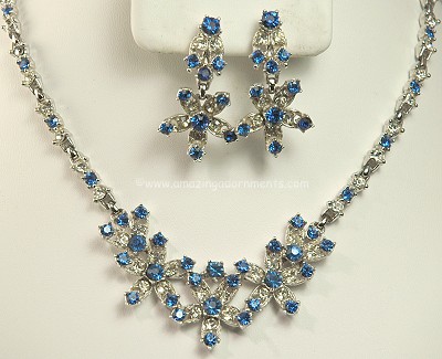 Sapphire and Clear Rhinestone Necklace and Earrings Signed BOGOFF with Original Box
