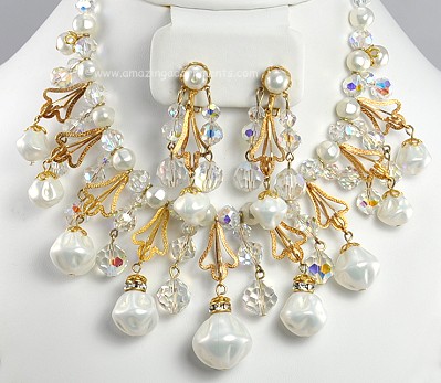 Dramatic Vintage Crystal and Considerable Faux Pearl Demi- Parure