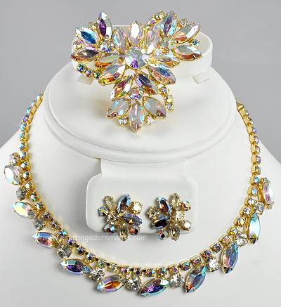 Stunning Vintage High- end Pastel AB Rhinestone Three Piece Parure Signed SHERMAN