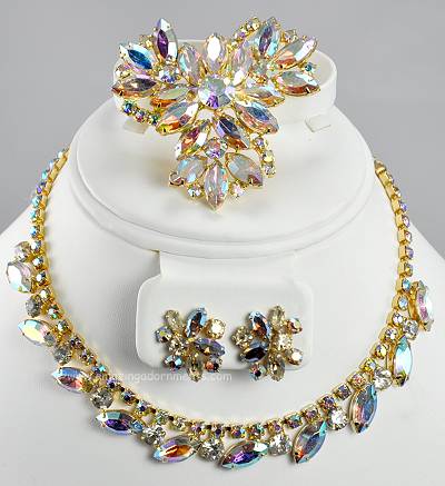 Stunning Vintage High- end Pastel AB Rhinestone Three Piece Parure Signed SHERMAN