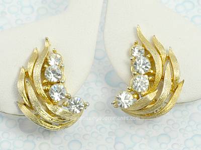 Classy Vintage Brushed Gold- tone and Rhinestone Earrings Signed LISNER