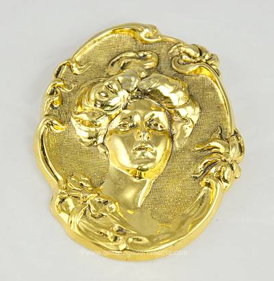 Wonderful Antique Look Repouss Lady Face Brooch