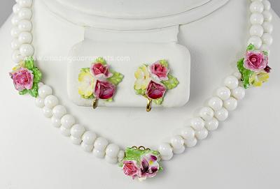 Flattering Vintage Signed CORO Bone China Flower Bead Necklace and Earring Set