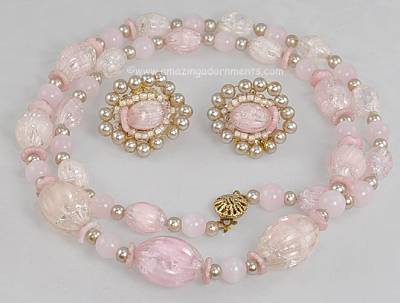 Chunky Vintage Pink Crackle Bead Necklace and Earring Set Signed HOB