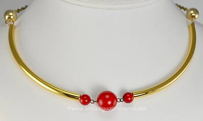 Sleek Unsigned Art Deco Look Necklace with Red Plastic Balls