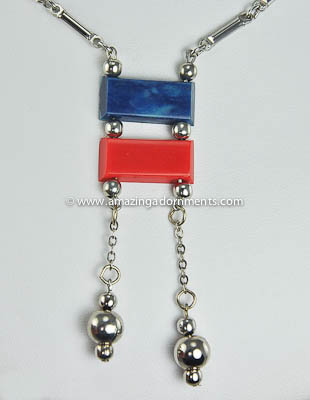 Bengel Inspired Art Deco Look Red and Blue Plastic Necklace with Tassels