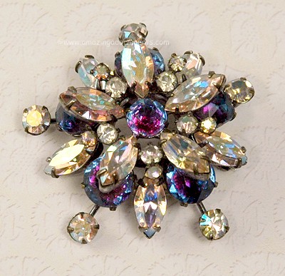 Fabulous Vintage SCHREINER Tiered AB and Tourmaline Rhinestone Floral Brooch