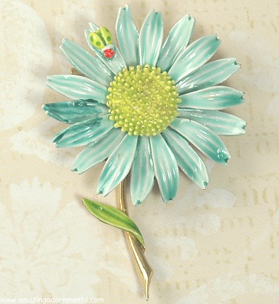 Very Cute Vintage Enamel Daisy Flower Pin with Ladybug Signed ART
