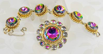 Splendid Vintage Watermelon Rhinestone Brooch and Bracelet Signed SCHIAPARELLI