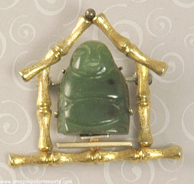Cute Vintage Genuine Carved Jade Buddha Pin Signed KREMENTZ