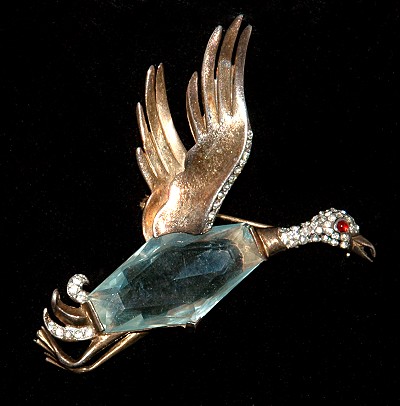 Winged Sterling and Rhinestone Duck in Flight Brooch: 1940s TRIFARI Collectors Dream!