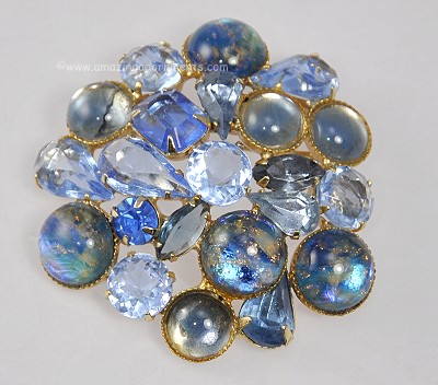 Vintage Art Glass and Rhinestone Brooch in Shades of Blue
