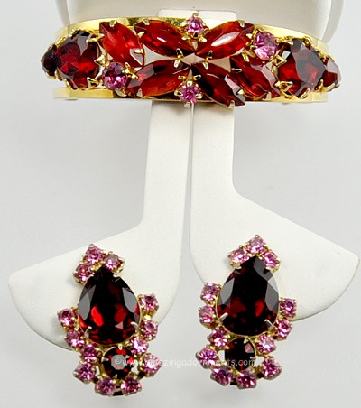 Dazzling Ruby Red and Pink Rhinestone Clamper Bracelet and Earring Set
