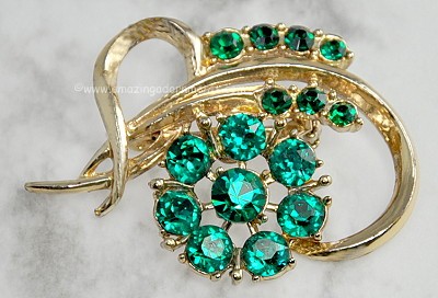 Vintage Signed PEGASUS CORO Emerald Green Rhinestone Floral Brooch