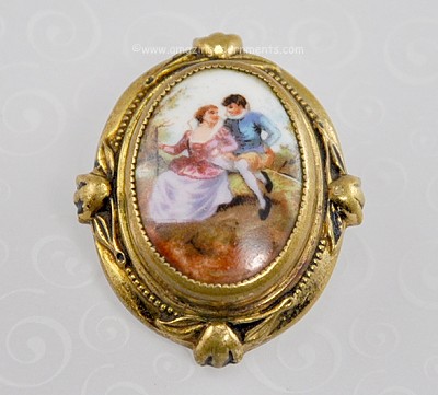 Vintage Pre- copyright Signed CORO Scenic Painted Porcelain Pin