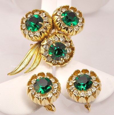 Gorgeous Emerald Green and Clear Rhinestone Brooch and Earring Set Signed KRAMER