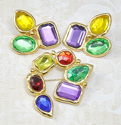 Opulent Colored Glass Brooch and Earring Set Signed PARK LANE