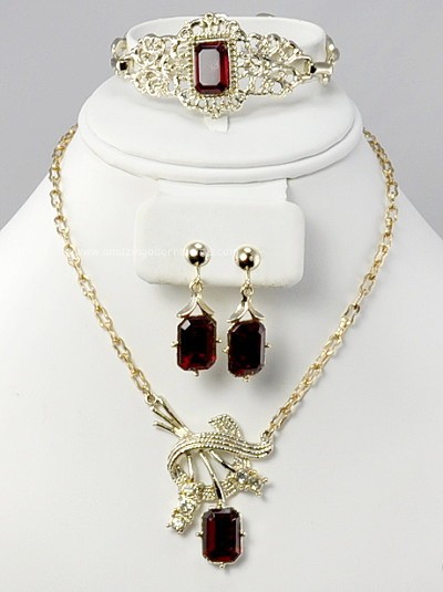 Outstanding Real Look Ruby and Clear Rhinestone Three Piece Parure