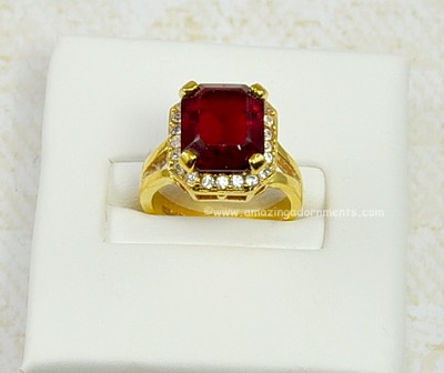 Fabulous Ruby Red Emerald Cut Glass and Clear Rhinestone Ring Signed ROMAN~ Size 5.5