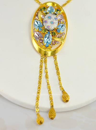 Vintage D&E Pastel Rhinestone and Easter Egg Stone Pendant Necklace