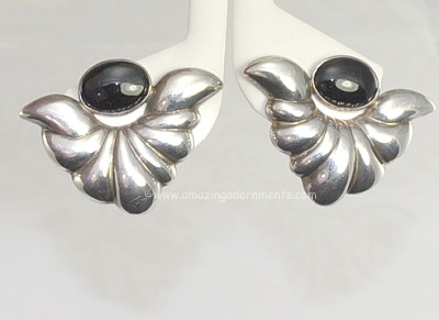 Large Sterling Silver and Black Stone Clip- on Earrings
