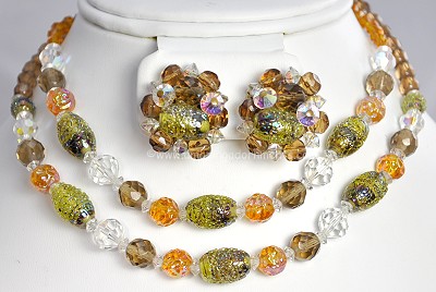 Notable Vintage Double Strand Glass Bead Necklace and Earring Set
