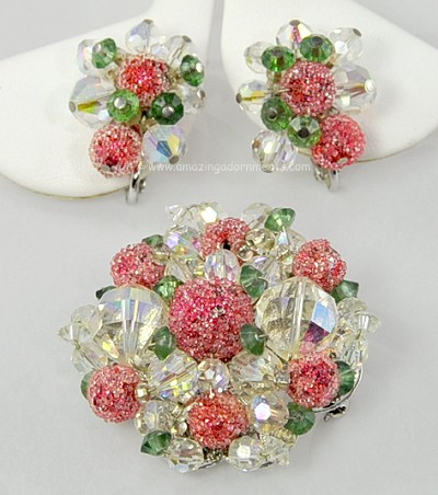 Spectacular Crystal and Sugar Bead Brooch and Earrings Set Signed VENDOME ~ BOOK PIECE