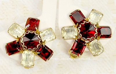 Show Stopping Vintage Clear and Ruby Rhinestone Earrings Signed WEISS