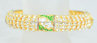 Beautiful Five Row Rhinestone Bangle Bracelet with Enamel Floral Panels
